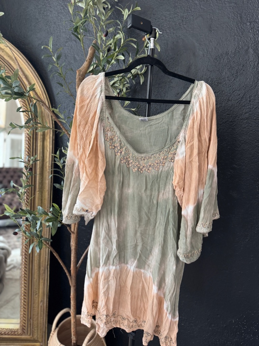 Shoreline Sage Green and Peach Tie-Dye Embroidered Tunic